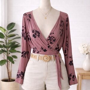 Free People Mauve Floral Wrap Top S